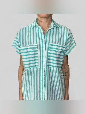 Vintage Sport Turquoise Stripe Button Down Shirt Summer Pocket Top